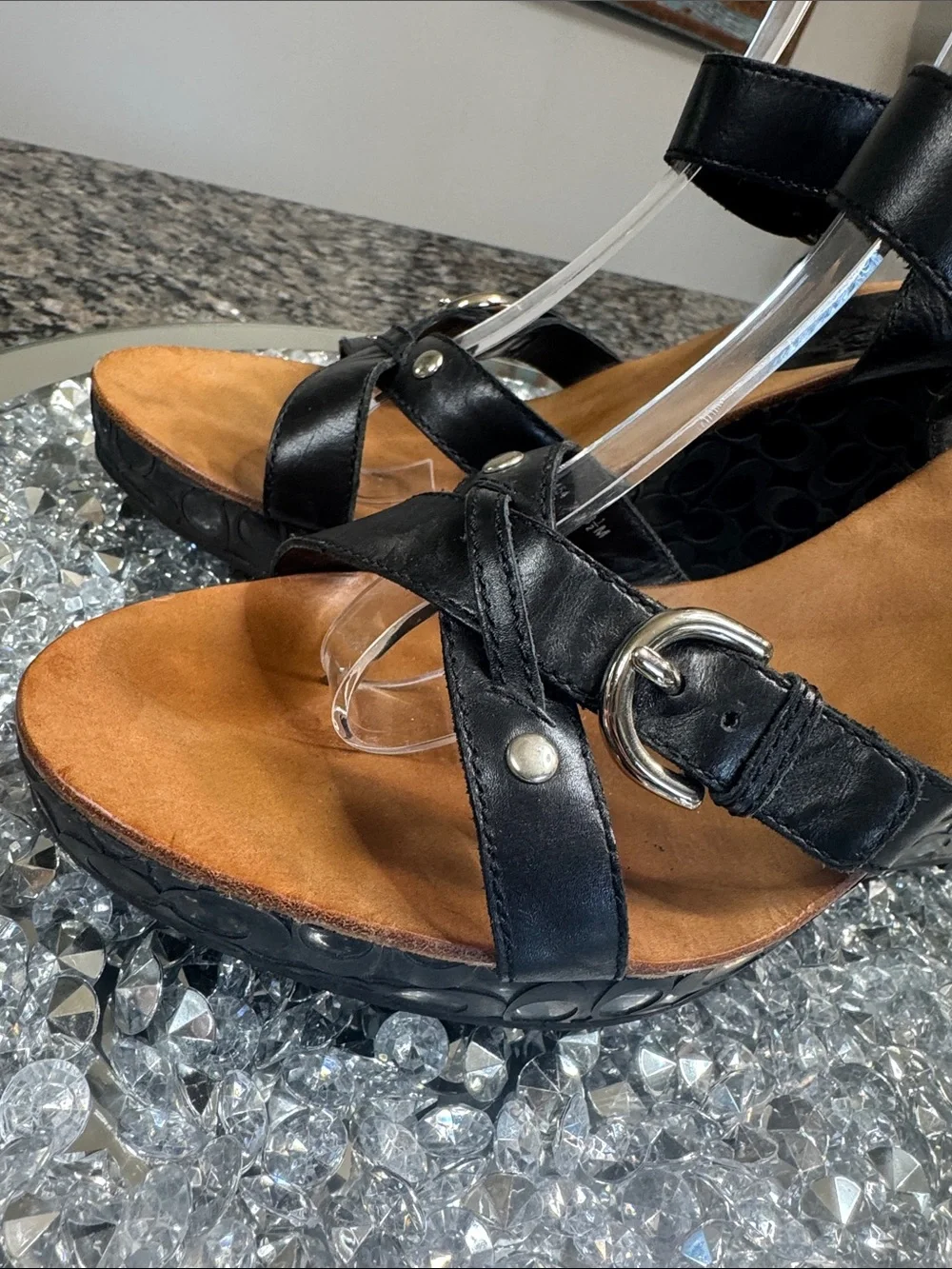 Coach Elize leather Black Logo-Embossed Wedge Sandals with Buckle Detail